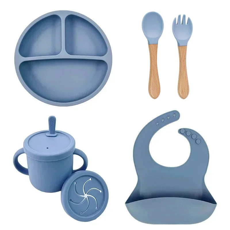 Set Stoviglie in Silicone per Bambini – Piatto, Ciotola, Tazza & Posate | 6-9 Pezzi