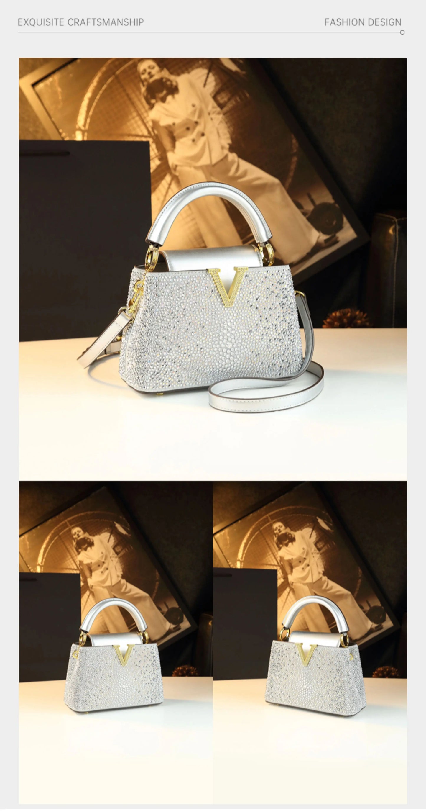 Borse da donna con diamanti alla moda di lusso 2025 Nuova borsa a tracolla piccola con lettera a V Borse a conchiglia in vera pelle
