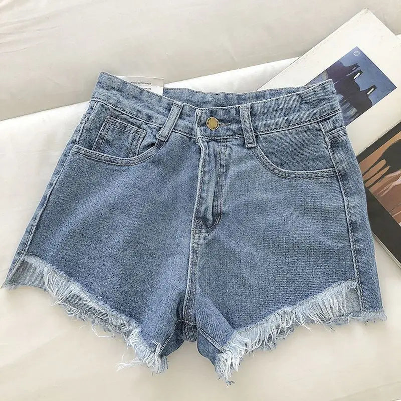 Shorts Denim Vita Alta Orlo Grezzo – Gamba Larga Stile Coreano | 4 Colori | DURIKIES