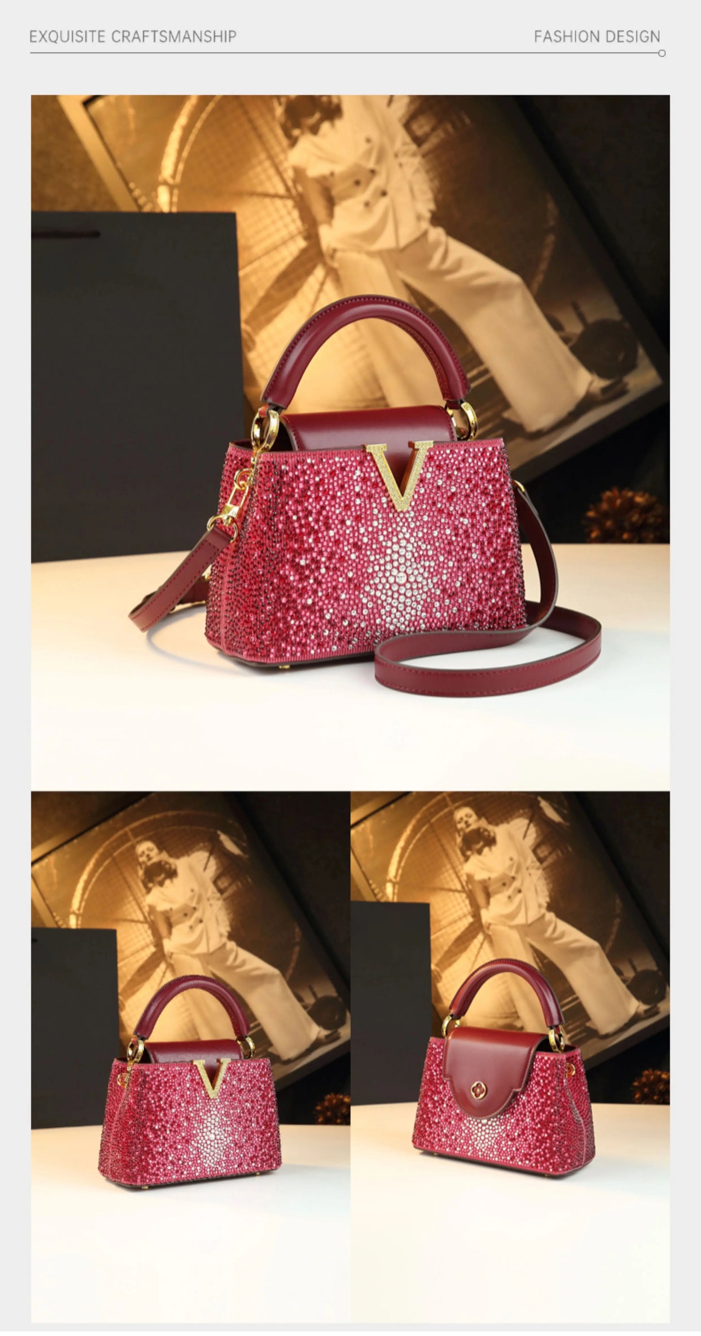 Borse da donna con diamanti alla moda di lusso 2025 Nuova borsa a tracolla piccola con lettera a V Borse a conchiglia in vera pelle
