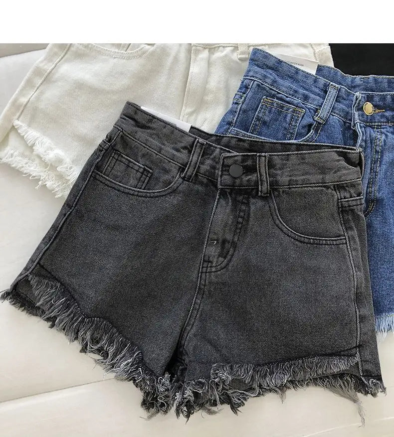 Shorts Denim Vita Alta Orlo Grezzo – Gamba Larga Stile Coreano | 4 Colori | DURIKIES