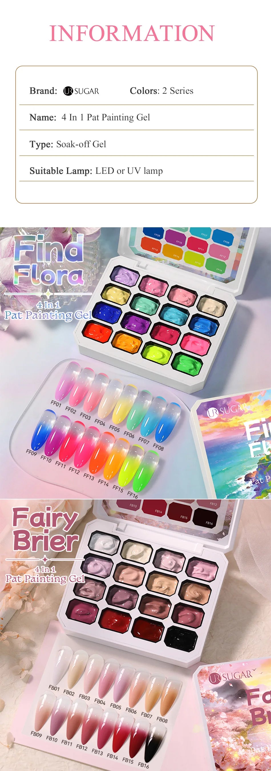 UR SUGAR Gel Nail Art 4 in 1 – 16 Colori per Sfumature, Stamping e Pittura UV/LED