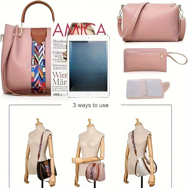 Set 4 Borse Donna in Pelle PU – Tracolla + Borsa a Mano + Pochette + Portacarte | 8 Colori