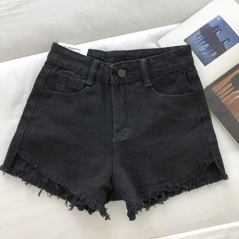 Shorts Denim Vita Alta Orlo Grezzo – Gamba Larga Stile Coreano | 4 Colori | DURIKIES