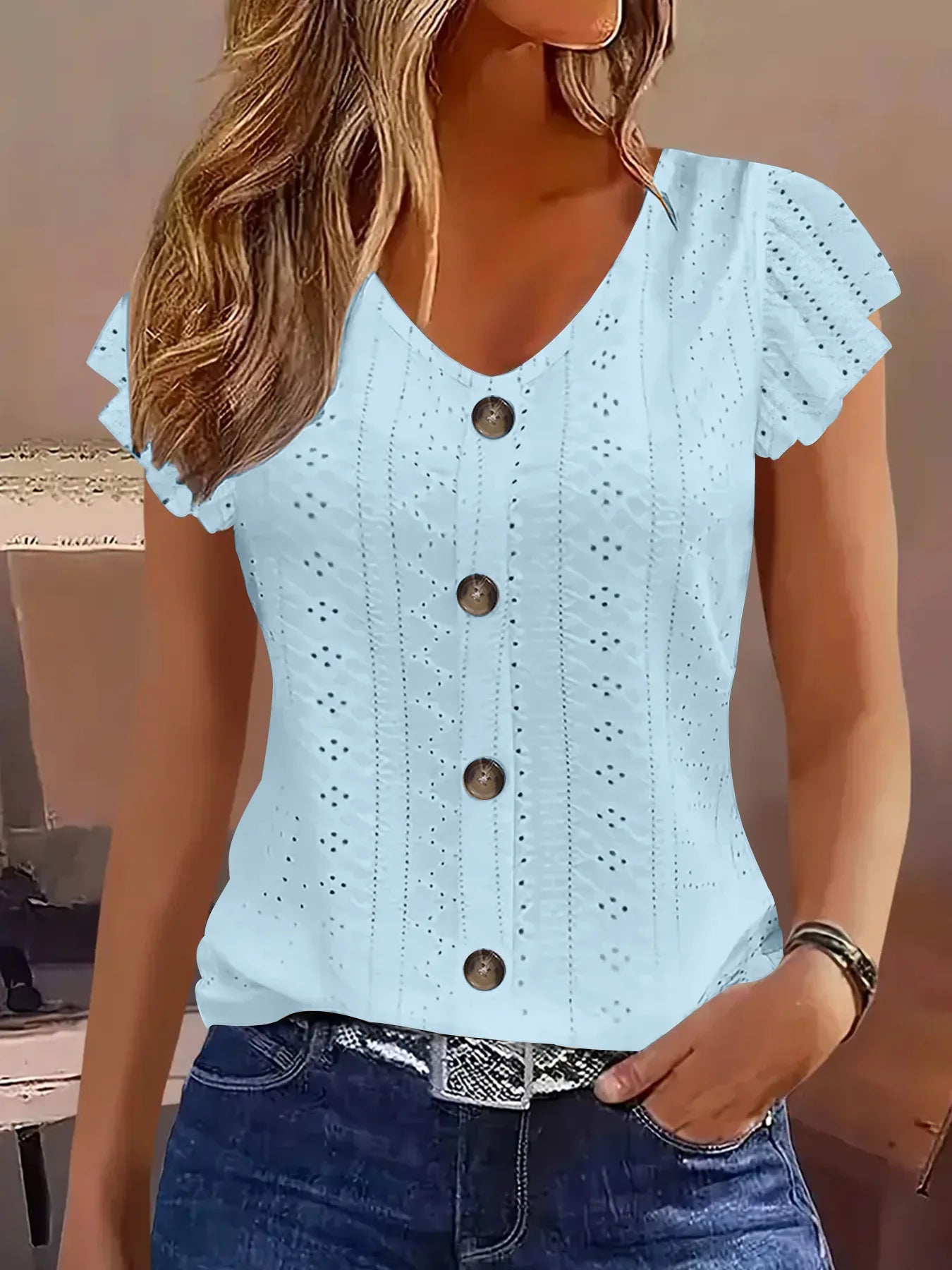 T-Shirt con Manica a Volant e Scollo a V – 5 Colori | Donna Estate 2025