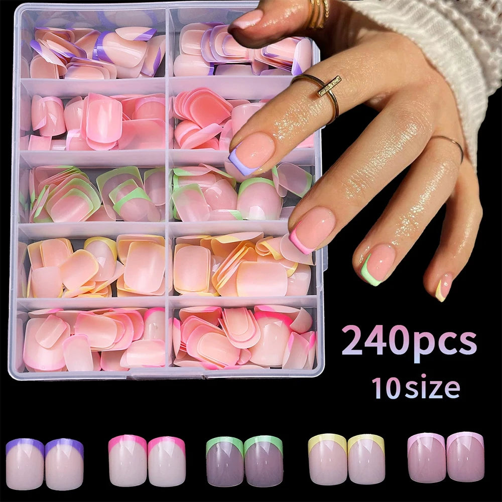 240/120 pz Estate Colorato Unghie Finte Breve Quadrato Presse sulle Unghie Francese Acrilico Manicure Unghie artistiche Lucido Copertura Completa Unghie Finte