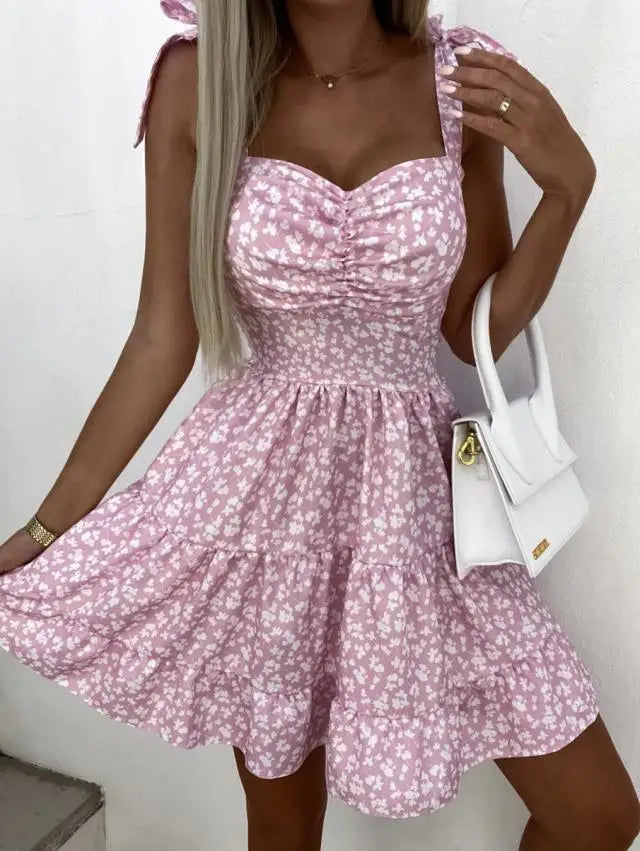 Abito estivo a pieghe in vita con stampa floreale moda per donna Y2k Casual Vacanza al mare Vestito estivo con cinturino per spaghetti Mini abito femminile