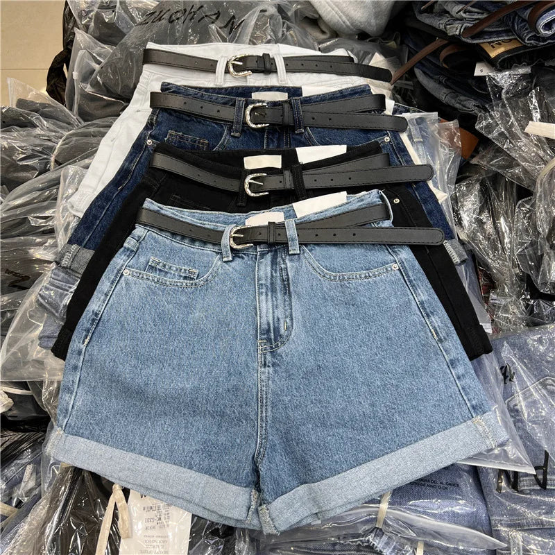 Shorts Denim Vita Alta – Orlo Arrotolato Stile Vintage | 5 Colori | Donna