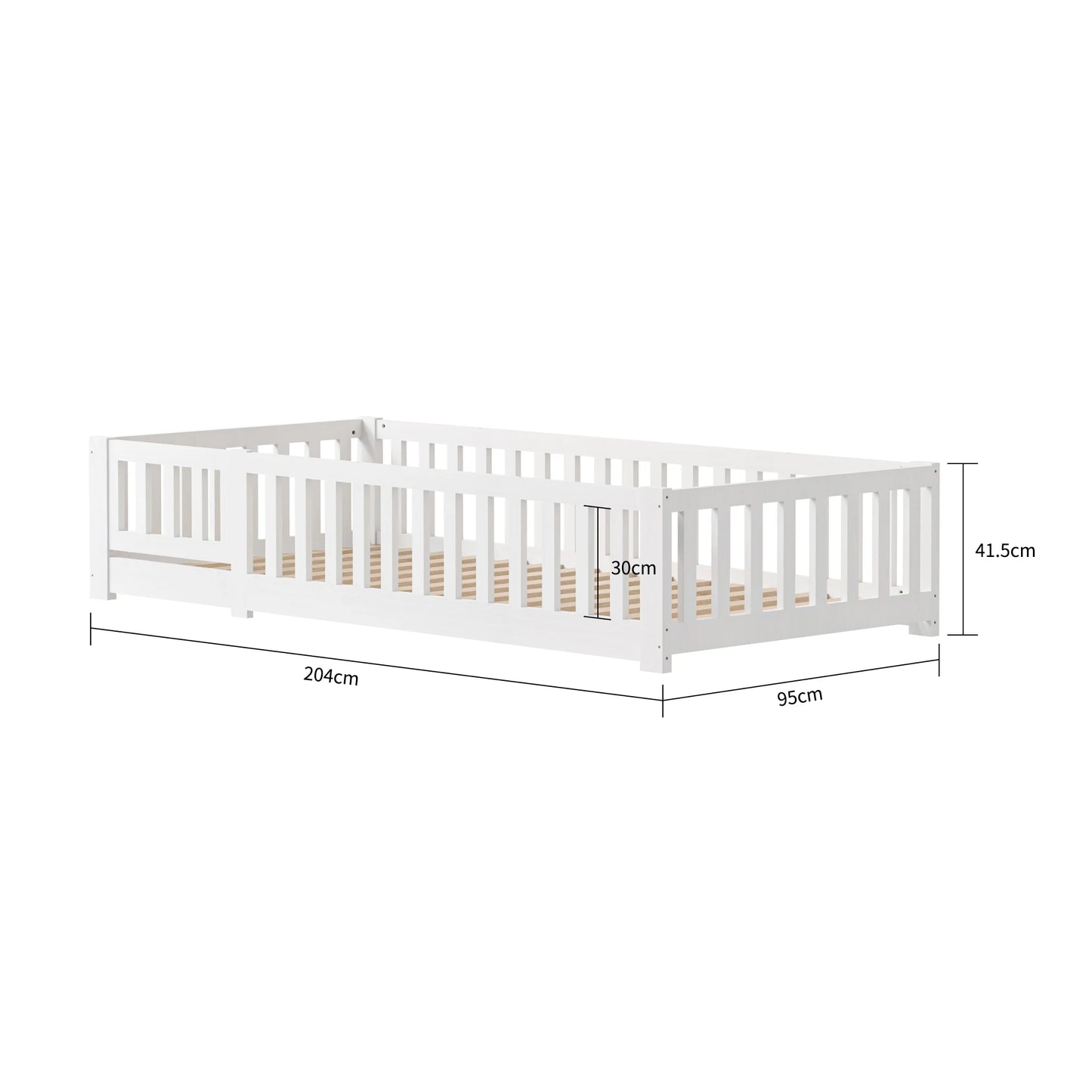 Letto Montessori per bambini 90 x 190 cm con porta, protezione anticaduta e rete a doghe, in pino massello, senza materasso