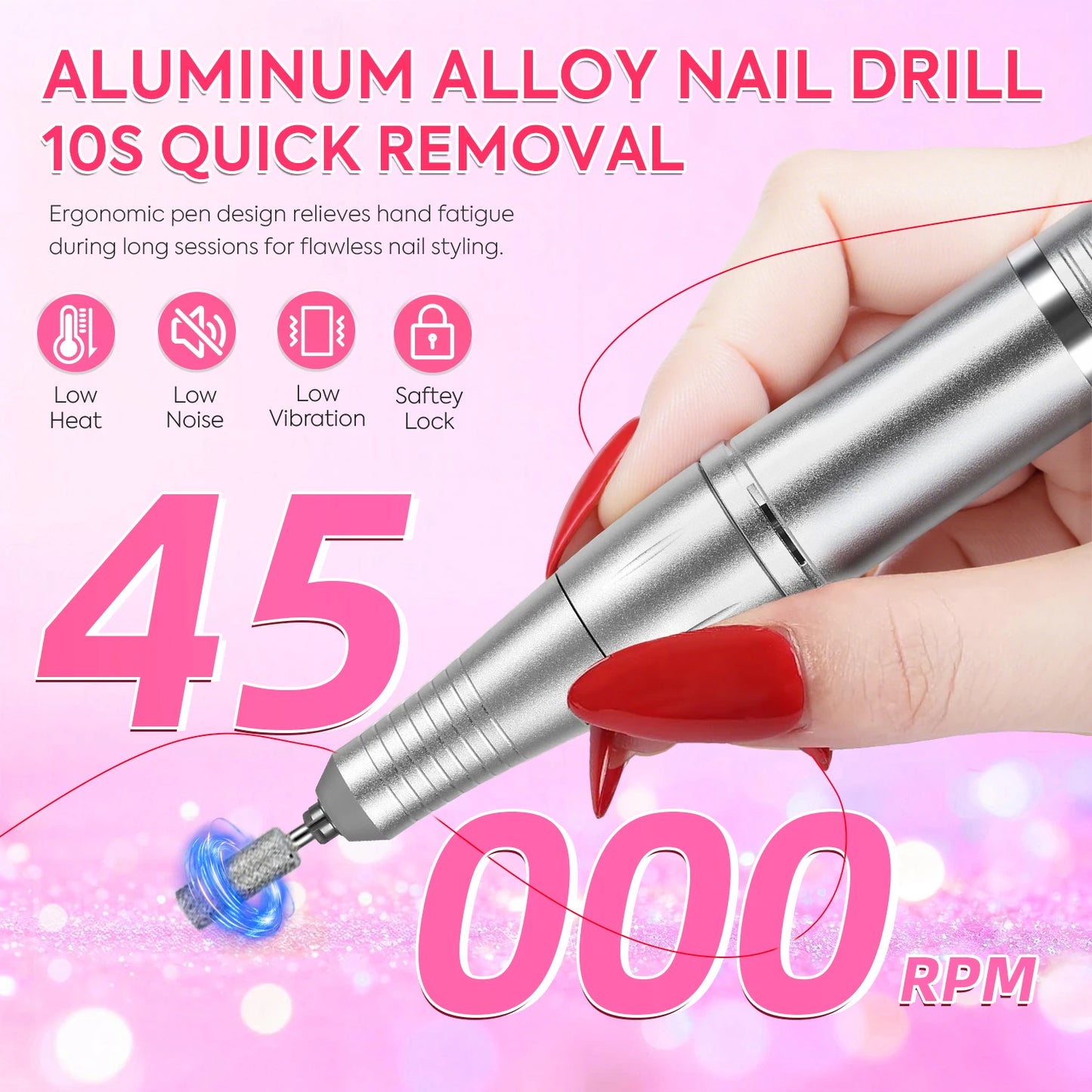 Lima per trapano elettrico per unghie Kit professionale per trapano per unghie ricaricabile da 45000 giri/min con trapano per unghie a basso rumore per strumento per nail art