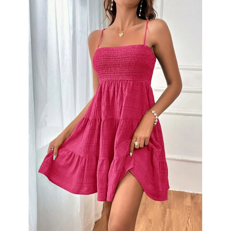 Mini Abito Bustier Smock con Spalline – Volant a Strati, Stile Estivo da Spiaggia