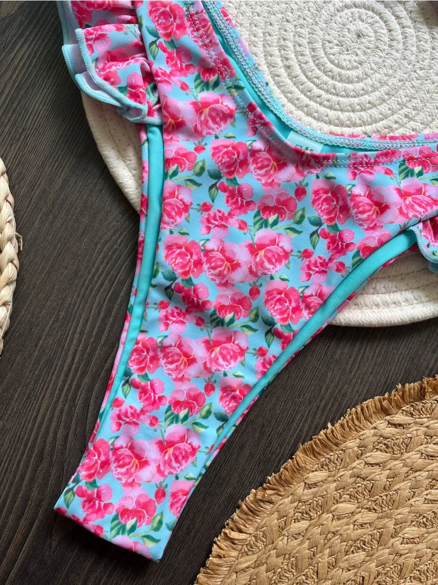 Bikini Set da donna con volant stampa floreale sexy 2 pezzi costume da bagno triangolo senza spalline perizoma senza schienale costume da bagno da spiaggia 2025 nuovo