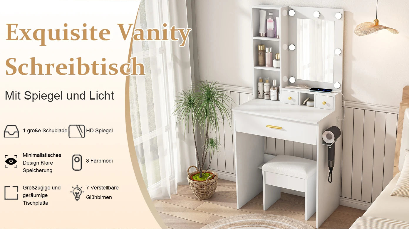 Set da toeletta piccolo con specchio e luci LED regolabili, presa di corrente e supporto per asciugacapelli. Viene fornito con sgabello imbottito, cassetti e ripiani. Dimensioni: 60×131.5×38 cm.