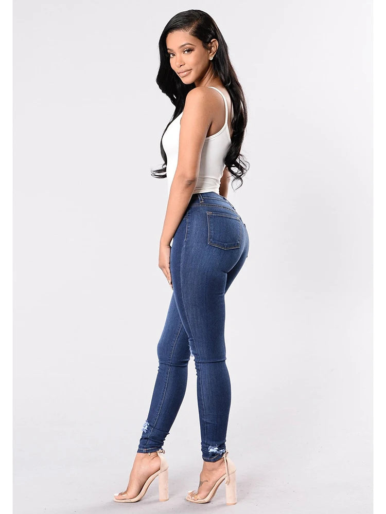 Jeans Skinny Donna Vita Alta Strappati Elasticizzati – Gamba Dritta Plus Size | 3 Sfumature Blu | S-XXXL