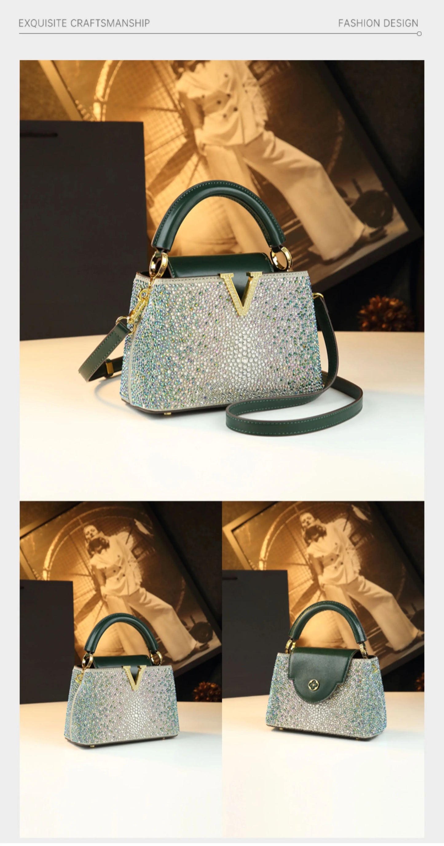Borse da donna con diamanti alla moda di lusso 2025 Nuova borsa a tracolla piccola con lettera a V Borse a conchiglia in vera pelle