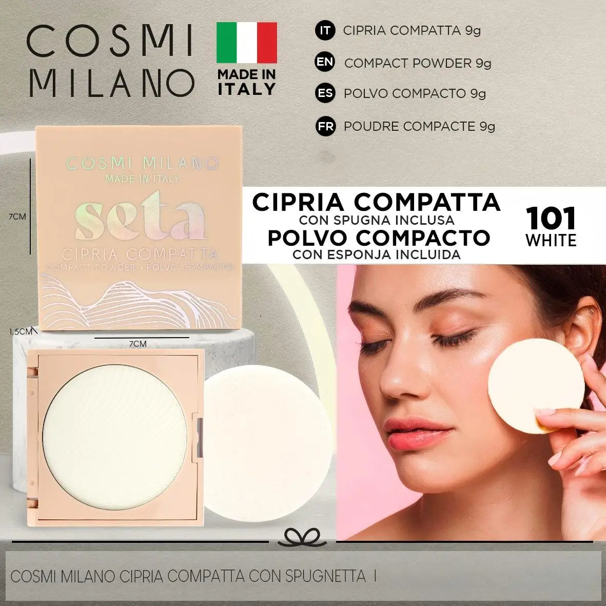 COSMI Milano Seta Compact Powder – Cipria Compatta Ultra Fine 9g con Spugnetta