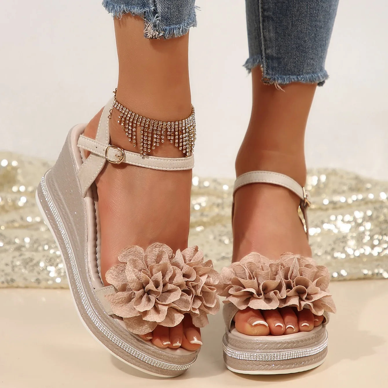 Sandali da donna Motivo floreale Bowknot Decor Sandali con plateau Donna Espadrillas con zeppa Tacchi alti Scarpe da donna Sandalias De Mujer