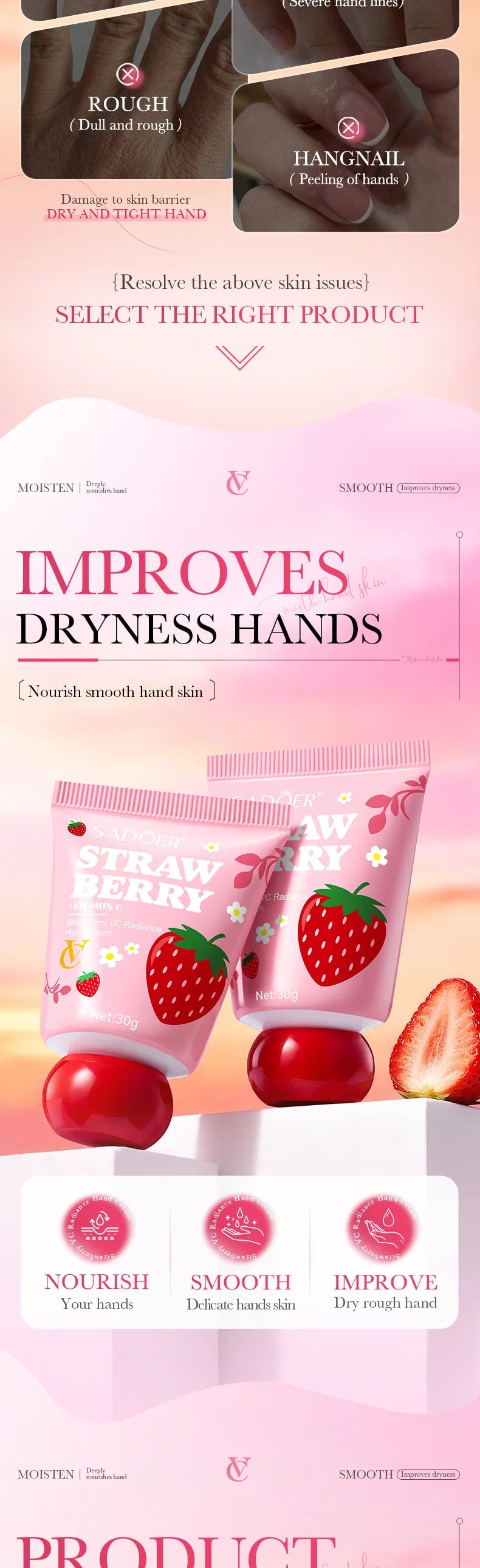 VC Strawberry Hand Cream - 30g Moisturizing and Brightening for Winter, Repairs Dry and Cracked Skin, Lightweight Fast-Absorbing Formula