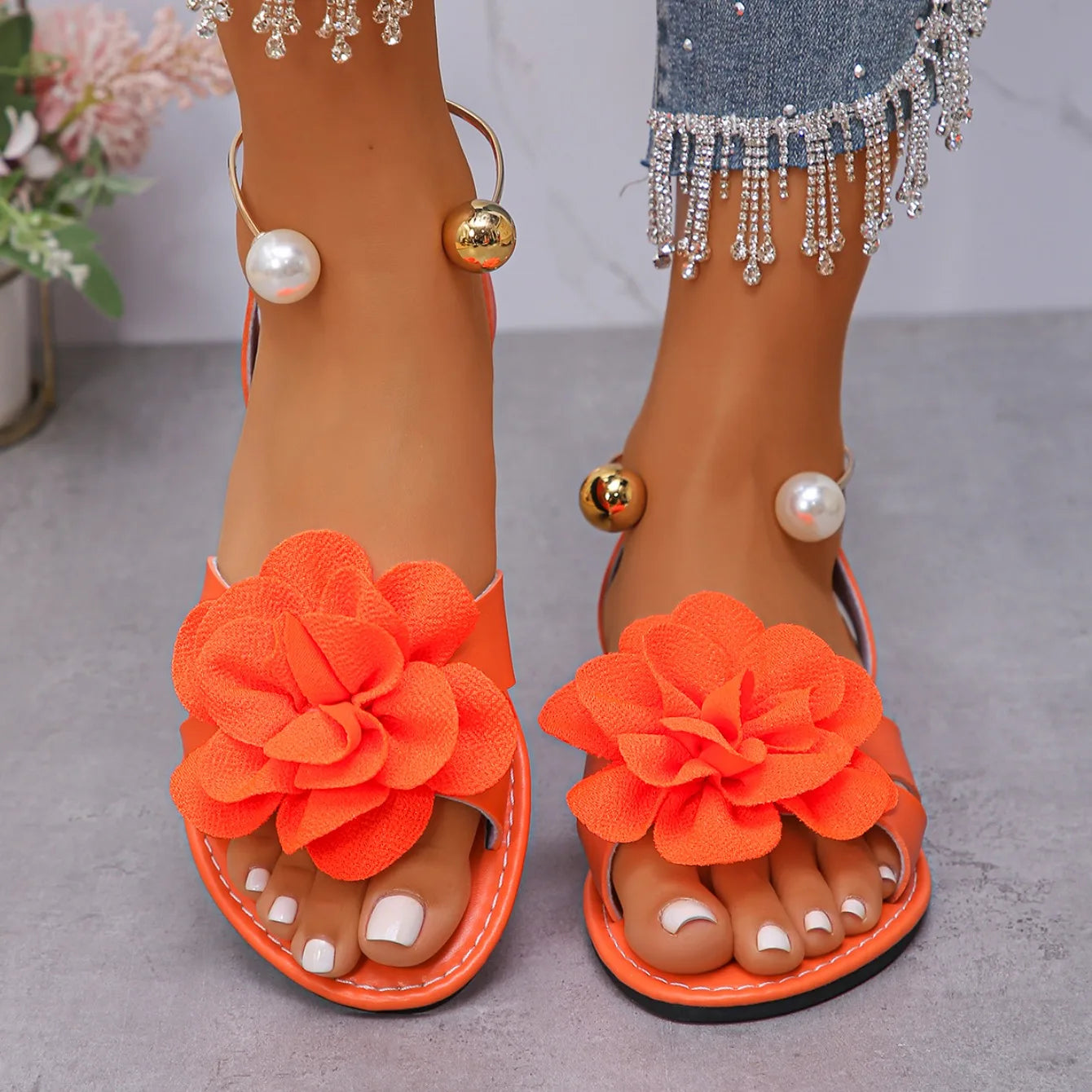 Sandali Piatti Donna con Perle Floreali – Slip-On Punta Tonda Intagli Estivi | 4 Colori | N.36-43