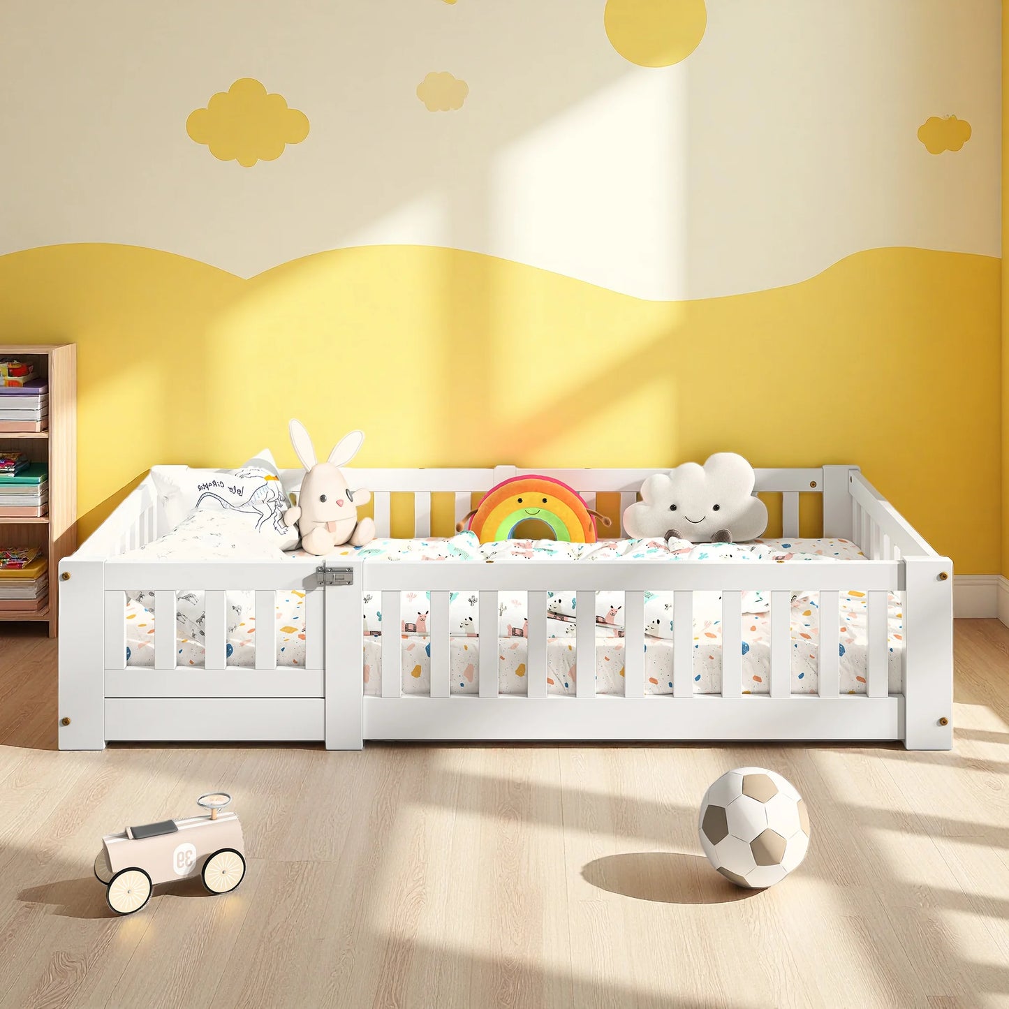 Letto Montessori per bambini 90 x 190 cm con porta, protezione anticaduta e rete a doghe, in pino massello, senza materasso