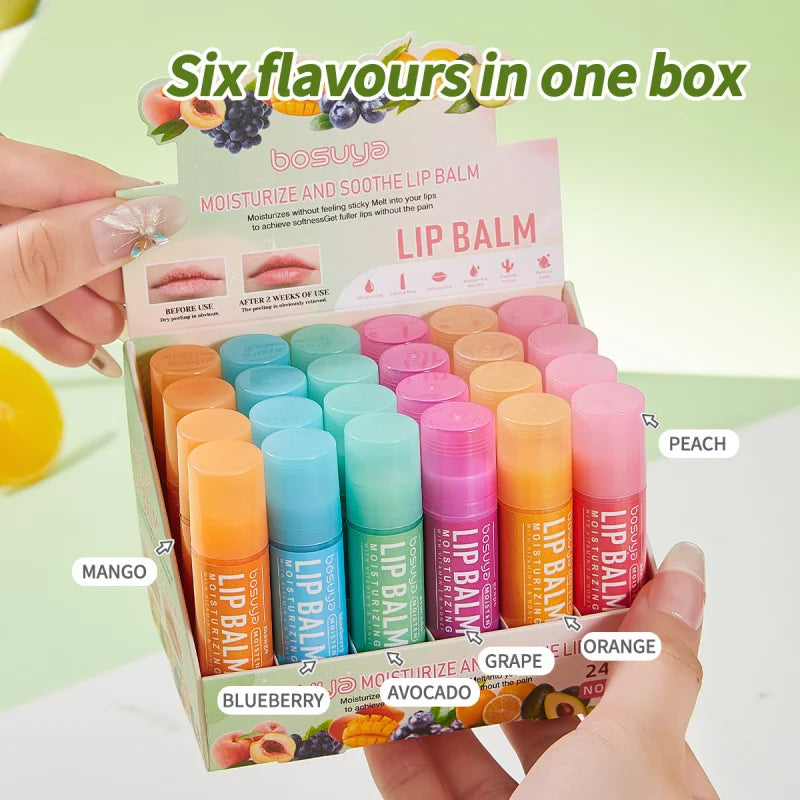 Set 24 Balsami Labbra alla Frutta – Mango, Pesca, Avocado, Uva, Arancia, Mirtillo