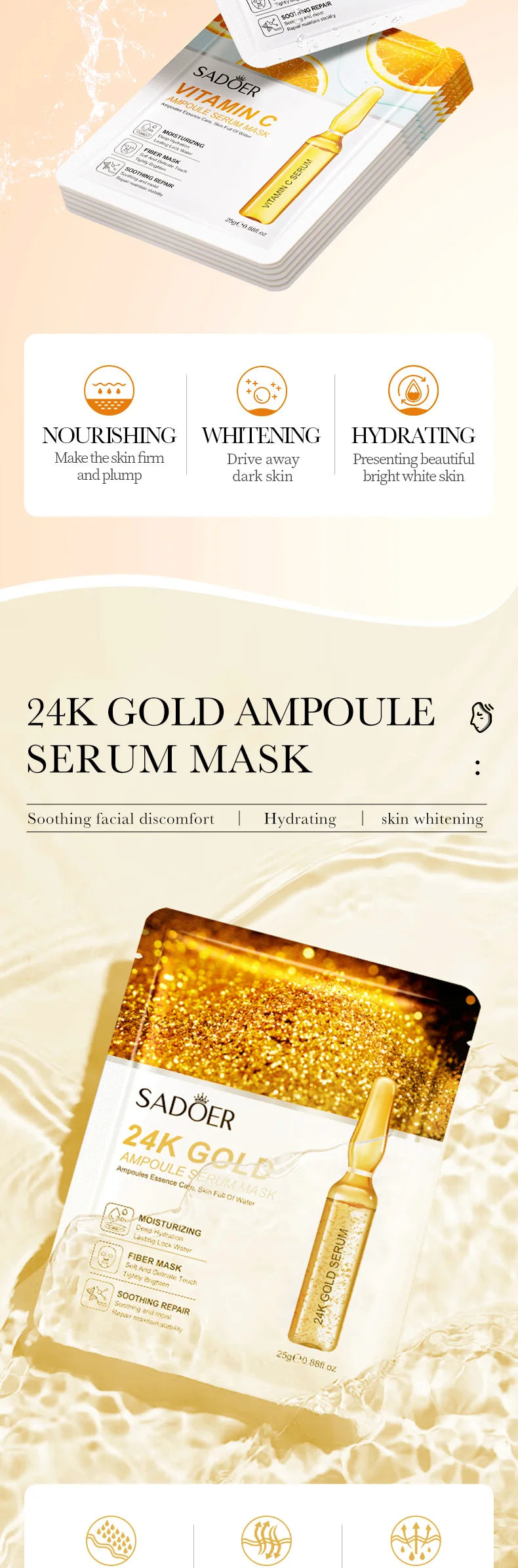 Set 15 Maschere Viso SADOER – Oro 24K, Vitamina C & Acido Ialuronico