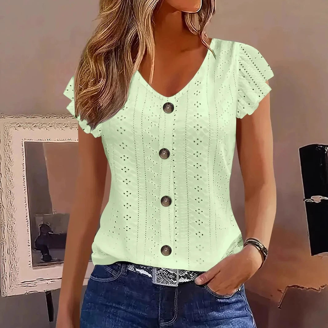 T-Shirt con Manica a Volant e Scollo a V – 5 Colori | Donna Estate 2025