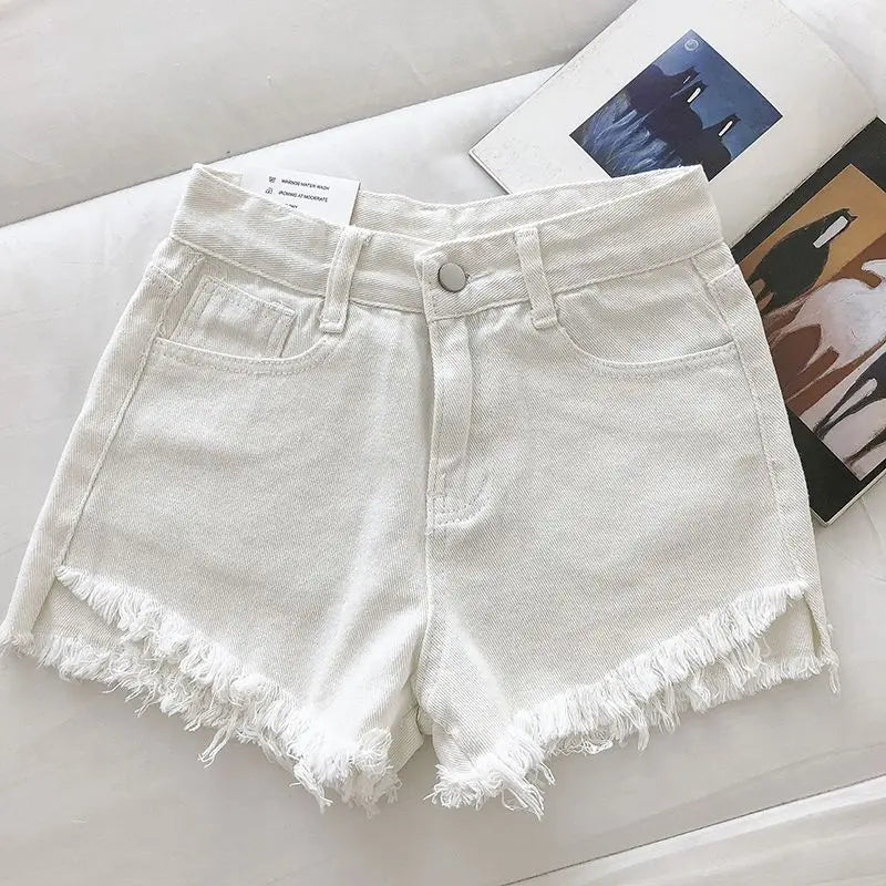 Shorts Denim Vita Alta Orlo Grezzo – Gamba Larga Stile Coreano | 4 Colori | DURIKIES