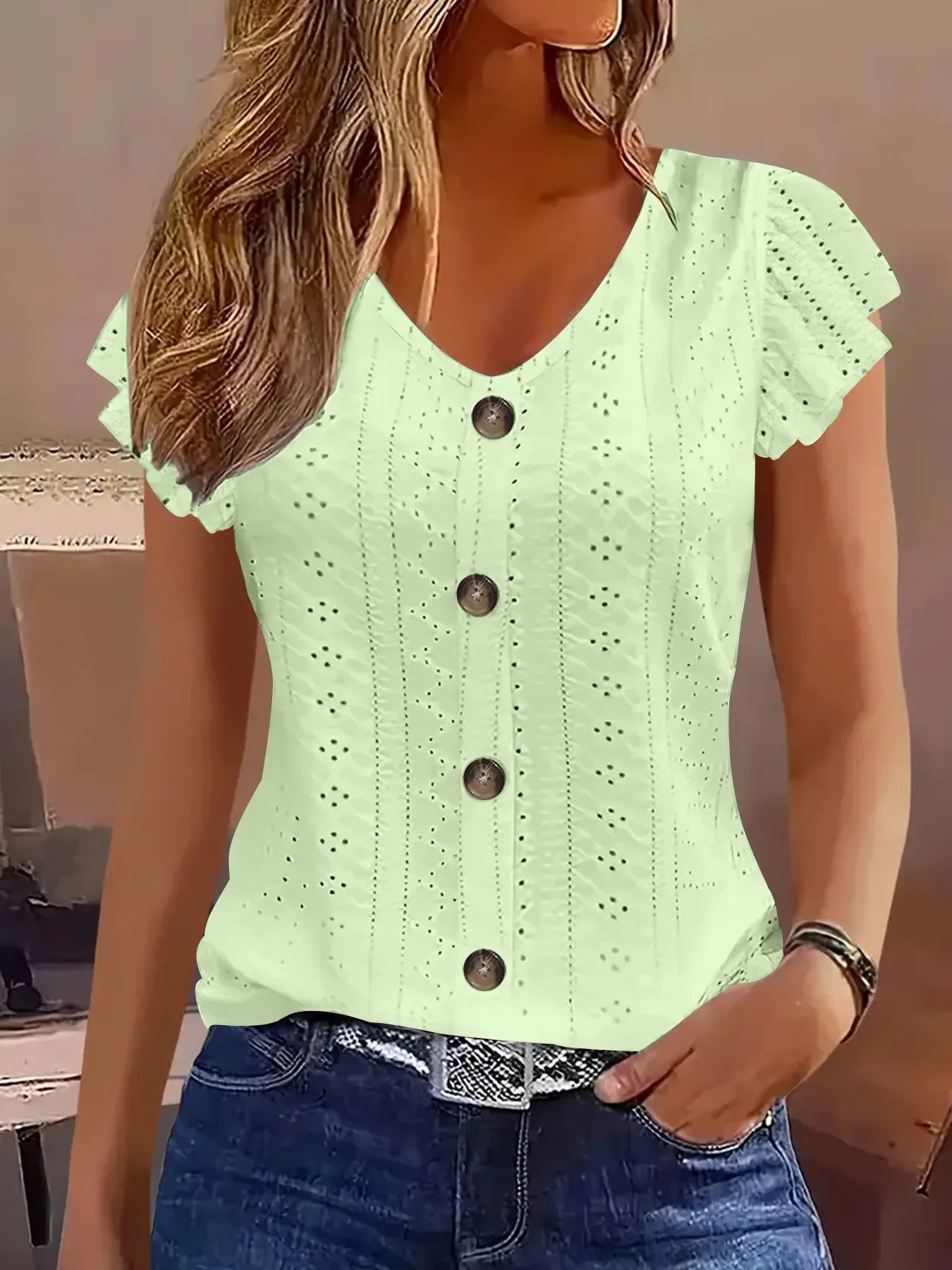 T-Shirt con Manica a Volant e Scollo a V – 5 Colori | Donna Estate 2025