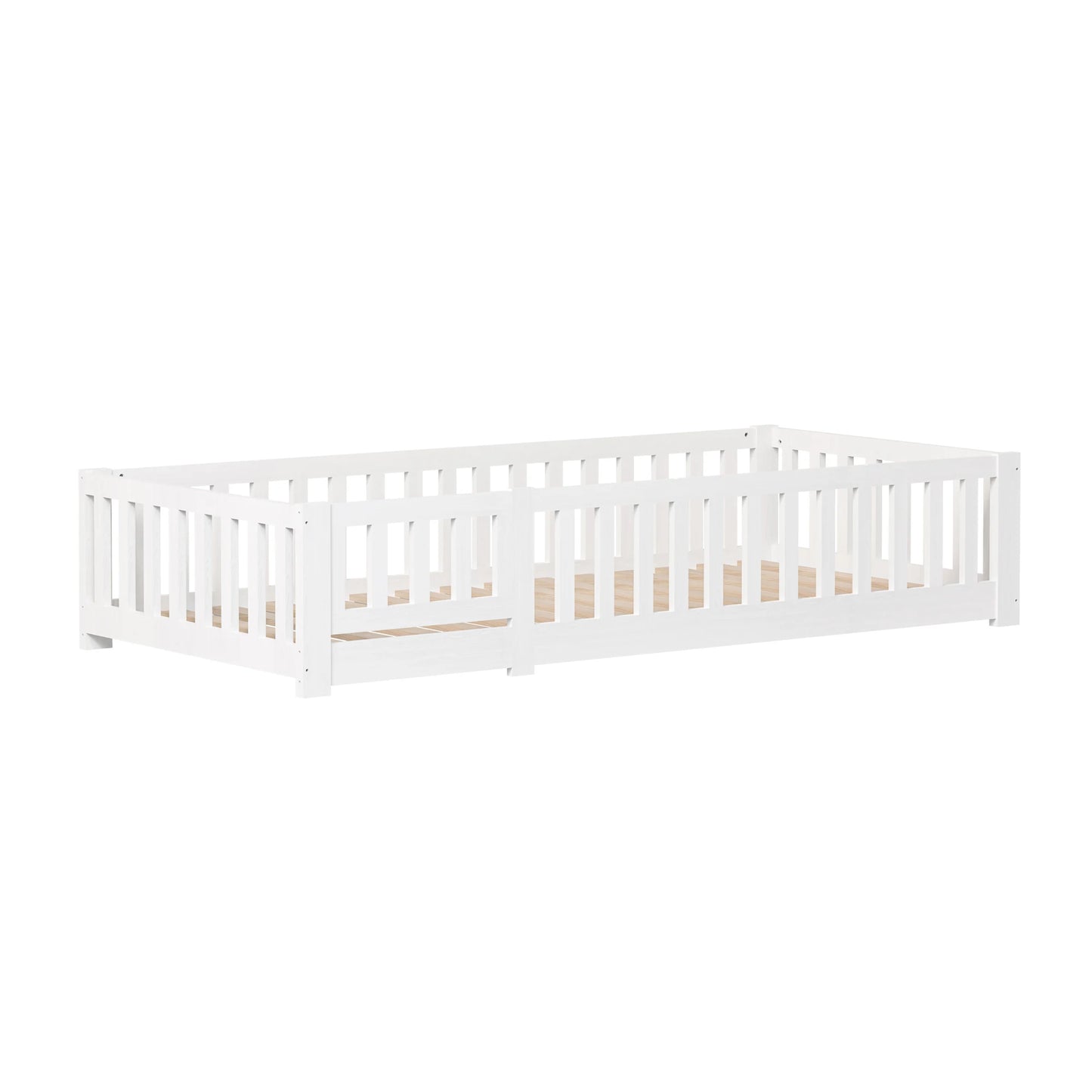Letto Montessori per bambini 90 x 190 cm con porta, protezione anticaduta e rete a doghe, in pino massello, senza materasso