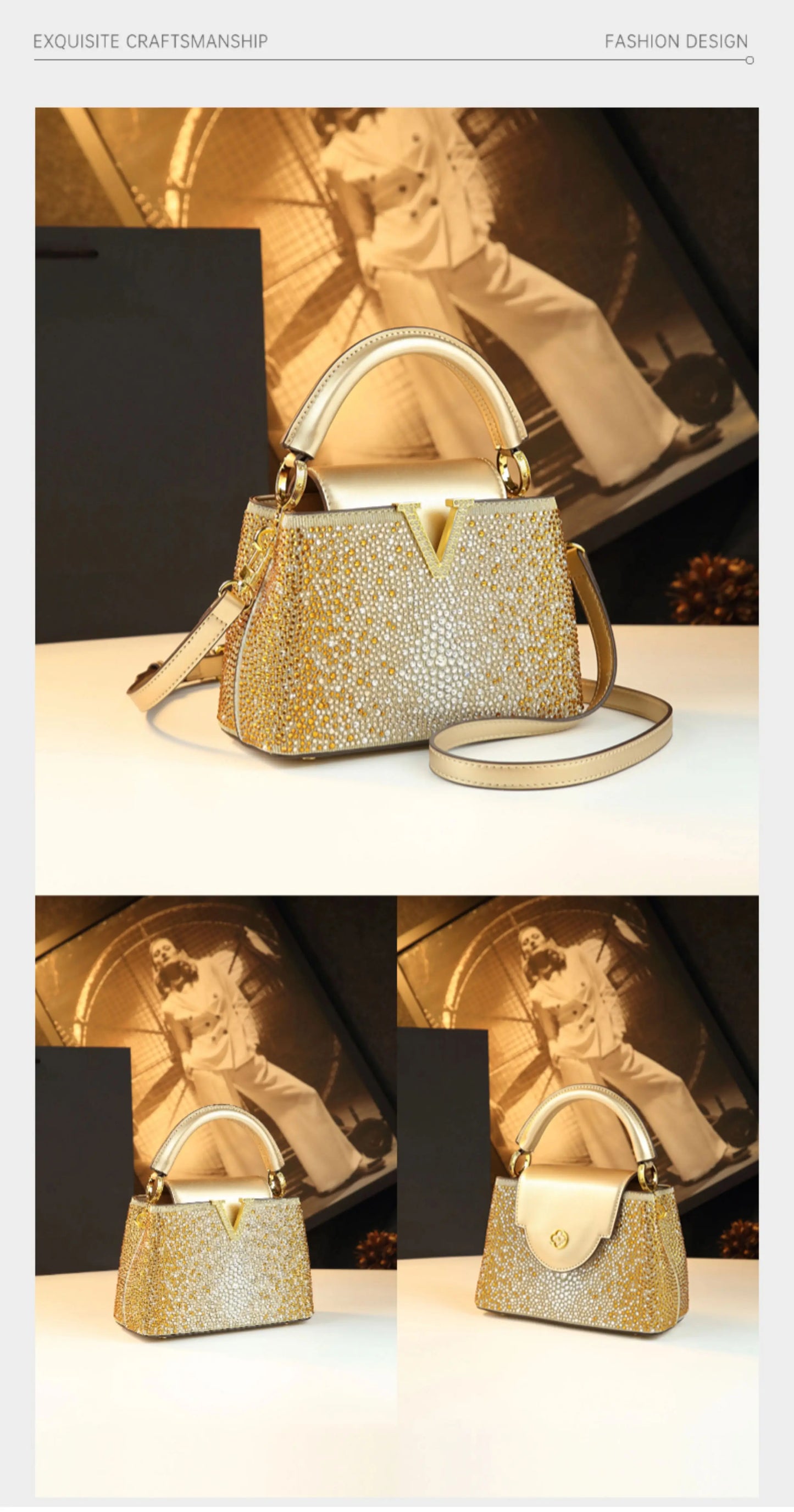 Borse da donna con diamanti alla moda di lusso 2025 Nuova borsa a tracolla piccola con lettera a V Borse a conchiglia in vera pelle