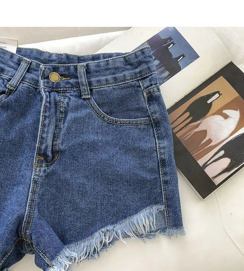 Shorts Denim Vita Alta Orlo Grezzo – Gamba Larga Stile Coreano | 4 Colori | DURIKIES