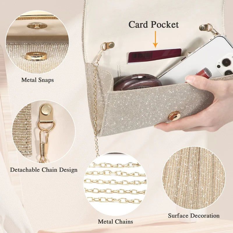 Pochette da Sera Elegante — Raso e Paillettes, Tracolla Staccabile