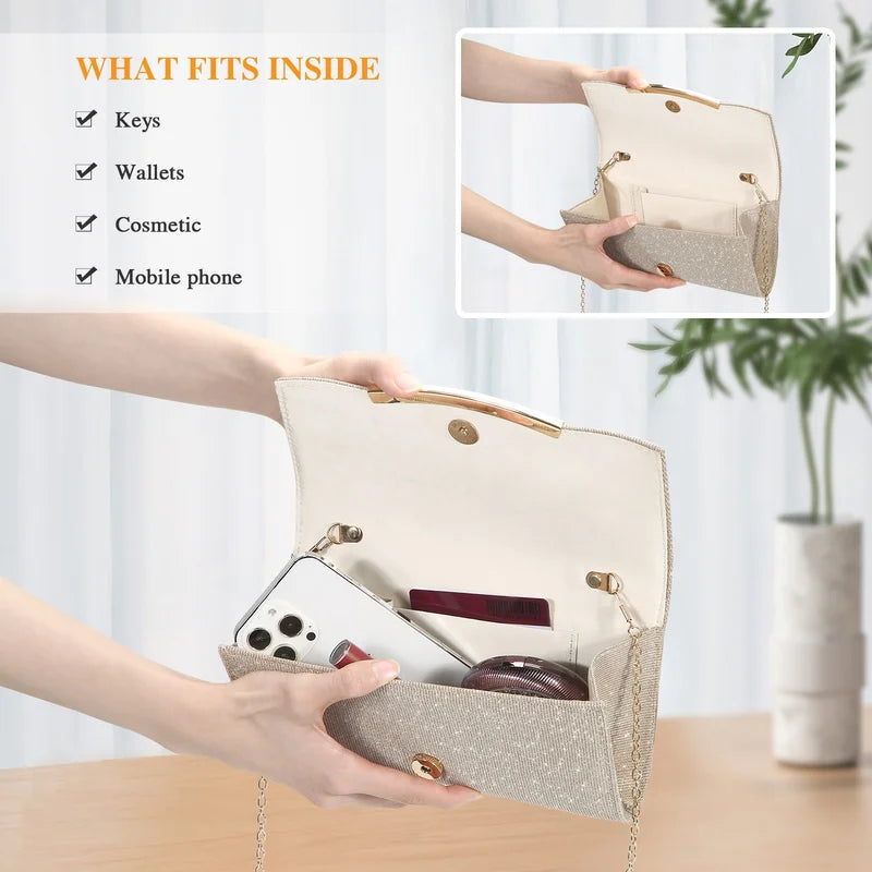 Pochette da Sera Elegante — Raso e Paillettes, Tracolla Staccabile