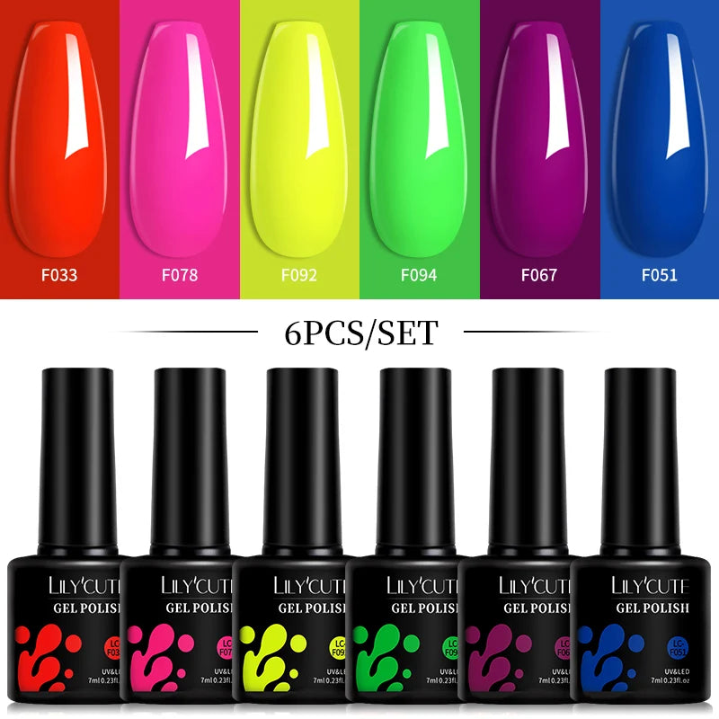 LILYCUTE Set di 6 Smalti Gel per Unghie Fai-da-Te 7ML, Rosa Brillante, Accessori per Nail Art, Smalto Gel UV LED Soak-Off