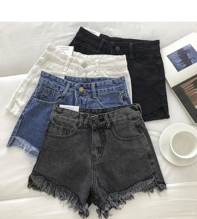 Shorts Denim Vita Alta Orlo Grezzo – Gamba Larga Stile Coreano | 4 Colori | DURIKIES