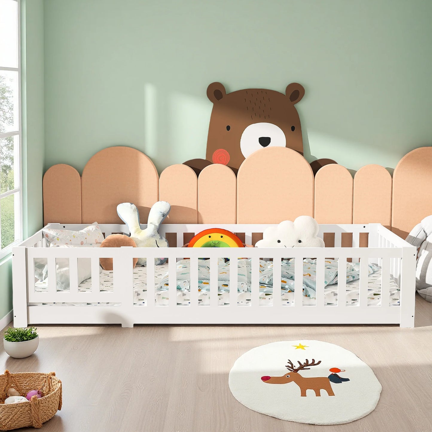 Letto Montessori per bambini 90 x 190 cm con porta, protezione anticaduta e rete a doghe, in pino massello, senza materasso