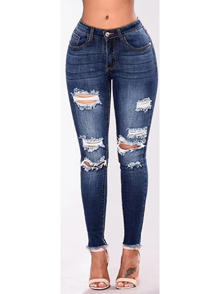 Jeans Skinny Donna Vita Alta Strappati Elasticizzati – Gamba Dritta Plus Size | 3 Sfumature Blu | S-XXXL