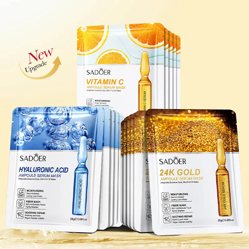 Set 15 Maschere Viso SADOER – Oro 24K, Vitamina C & Acido Ialuronico