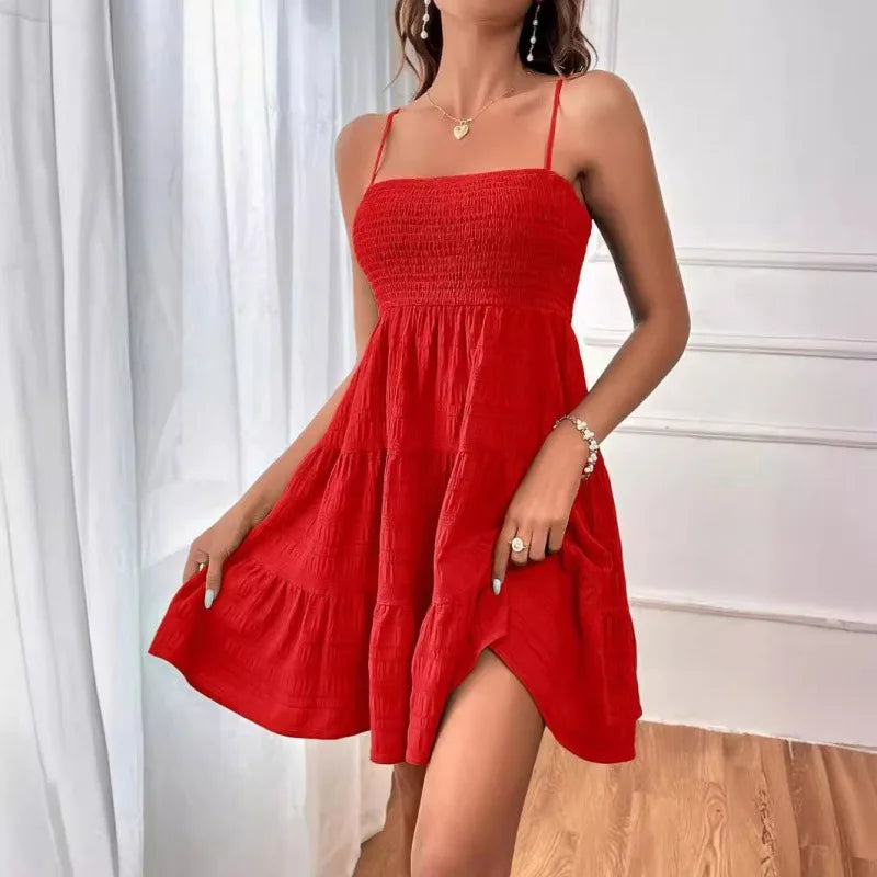 Mini Abito Bustier Smock con Spalline – Volant a Strati, Stile Estivo da Spiaggia