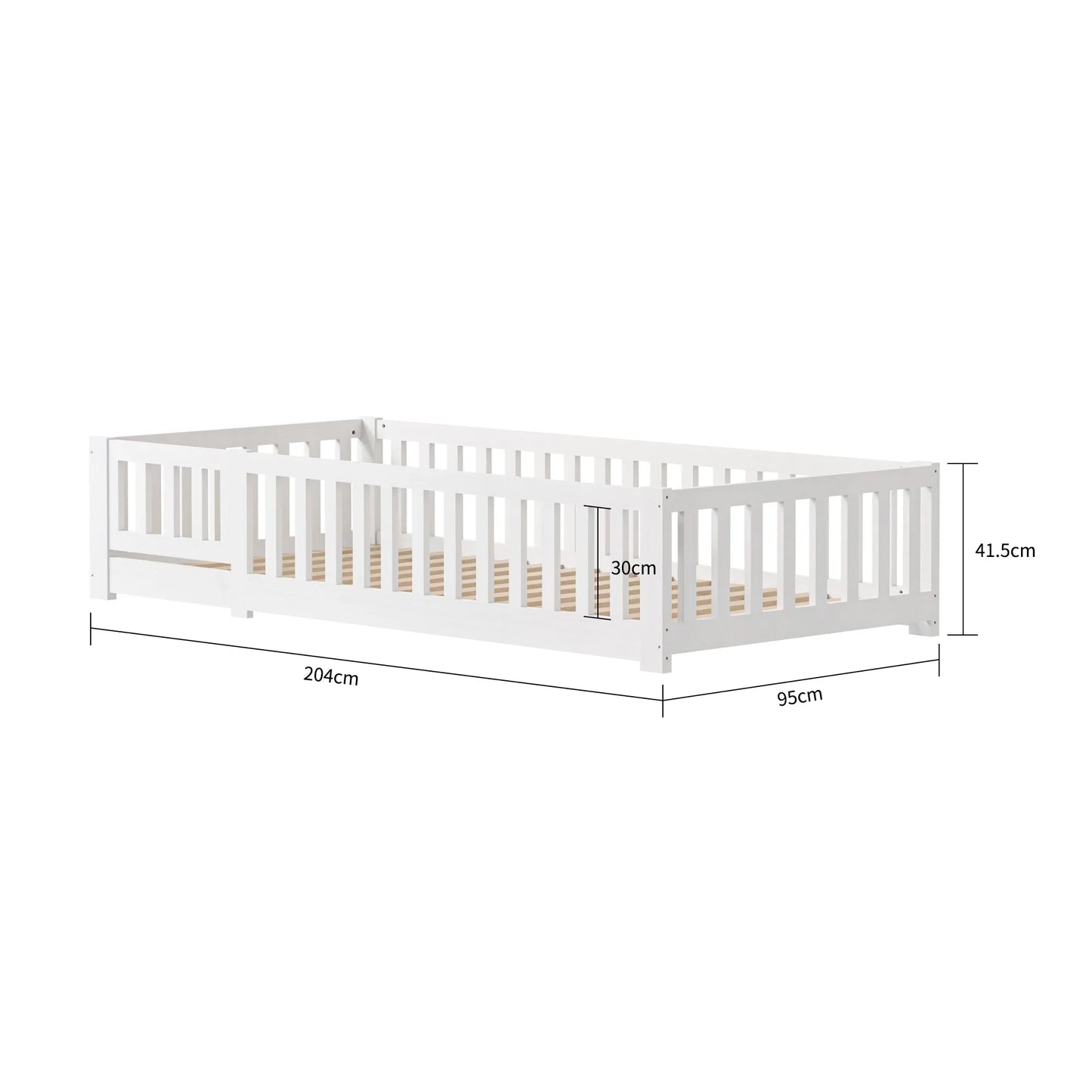 Letto Montessori per bambini 90 x 190 cm con porta, protezione anticaduta e rete a doghe, in pino massello, senza materasso