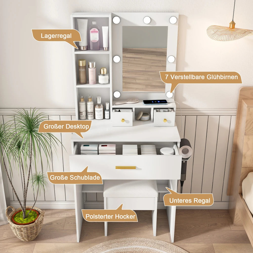 Set da toeletta piccolo con specchio e luci LED regolabili, presa di corrente e supporto per asciugacapelli. Viene fornito con sgabello imbottito, cassetti e ripiani. Dimensioni: 60×131.5×38 cm.