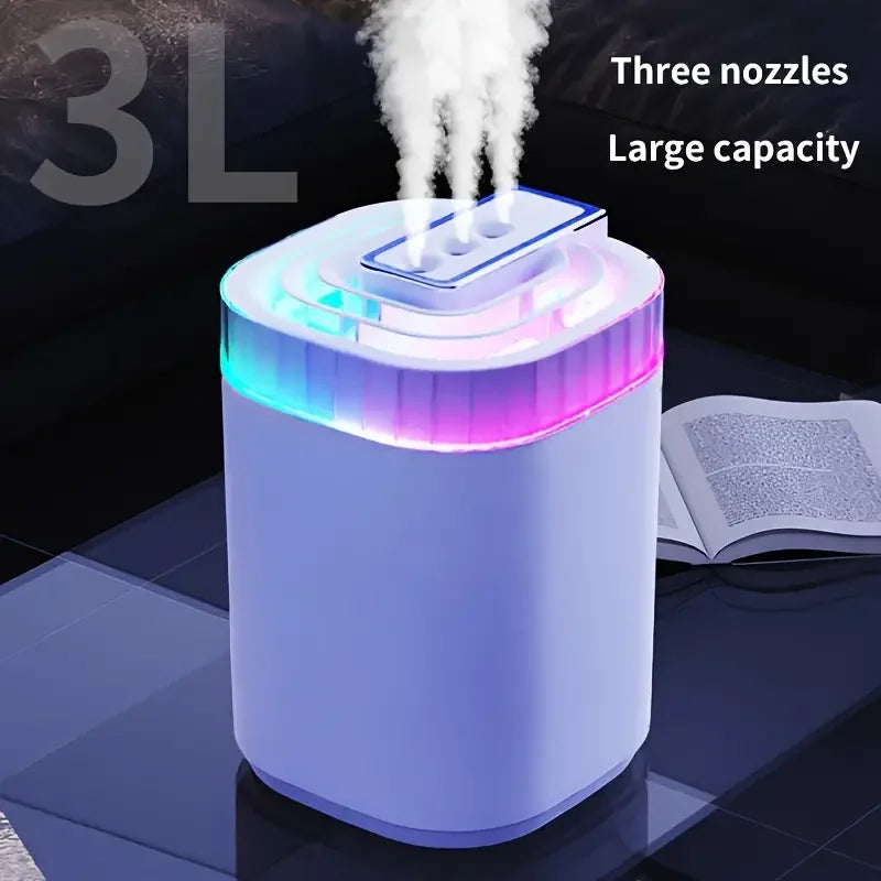 Umidificatore ad ultrasuoni da 3 litri Umidificatore a nebbia fredda con luce notturna e tre ugelli Umidificatore aromatico USB silenzioso per la casa