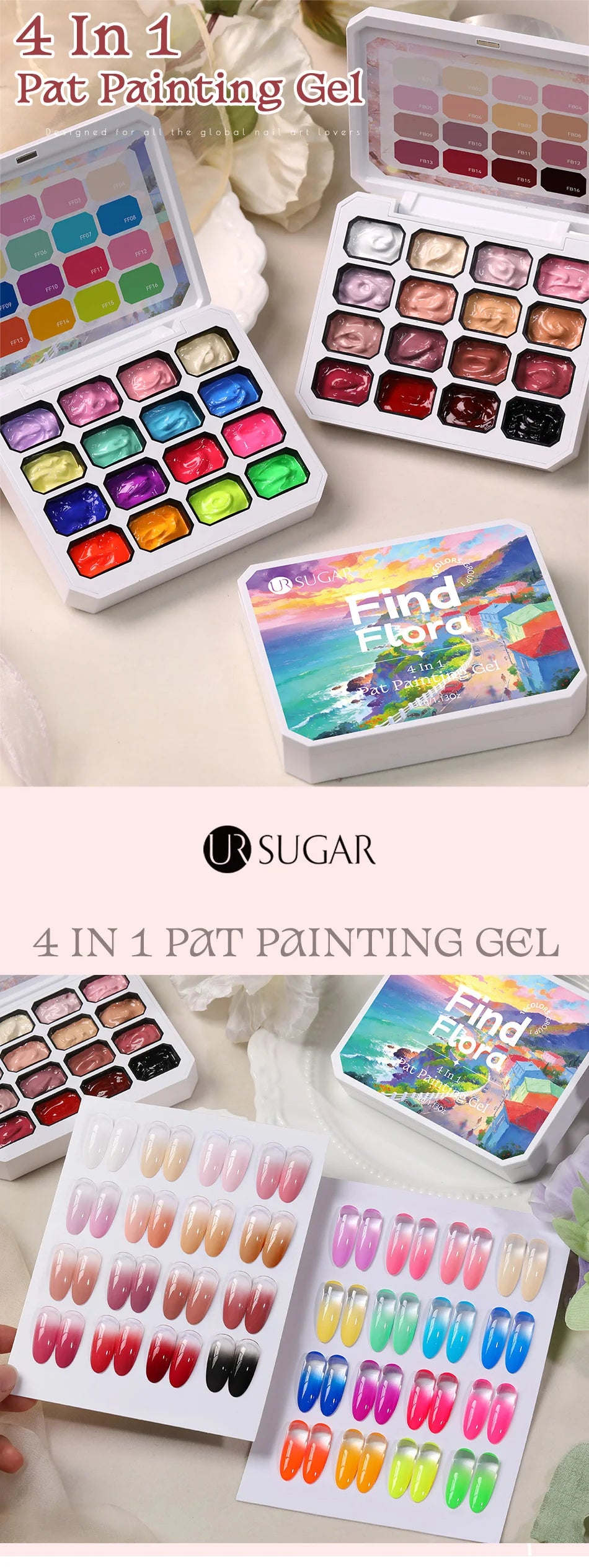 UR SUGAR Gel Nail Art 4 in 1 – 16 Colori per Sfumature, Stamping e Pittura UV/LED