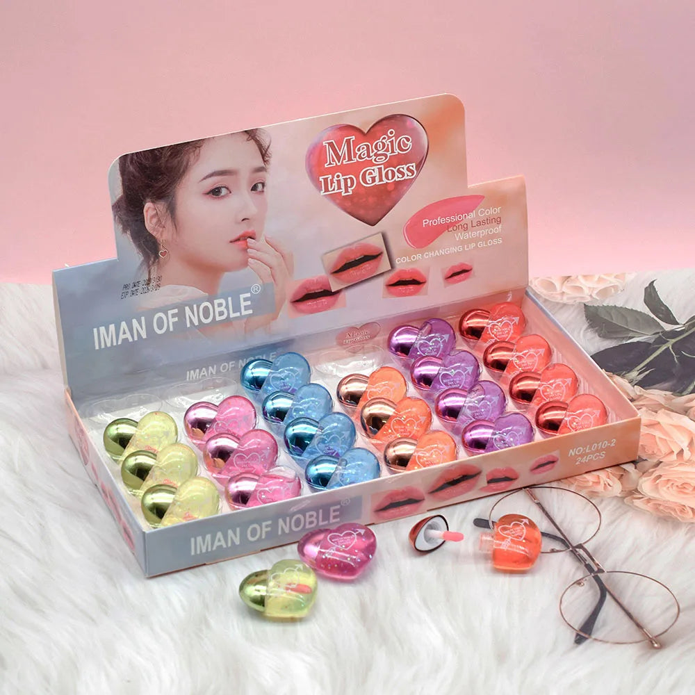 Set 24 Lip Gloss con Paillettes – Cuore Colorato, Idratanti & Kawaii