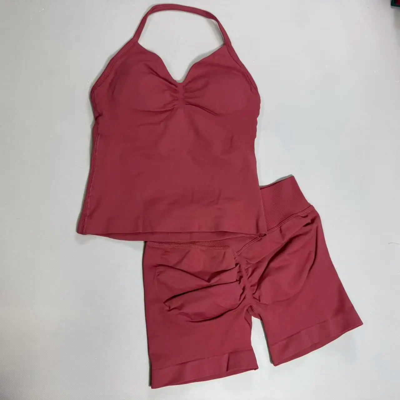 Completo Sportivo Donna 2 Pezzi – Top Lungo + Pantaloncini Yoga Senza Cuciture Push-Up