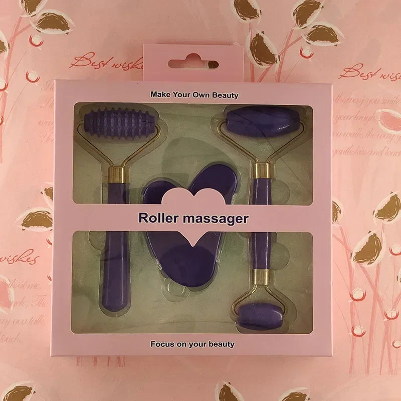 Set Rullo Massaggiatore Viso e Gua Sha — 3 Pezzi in Resina