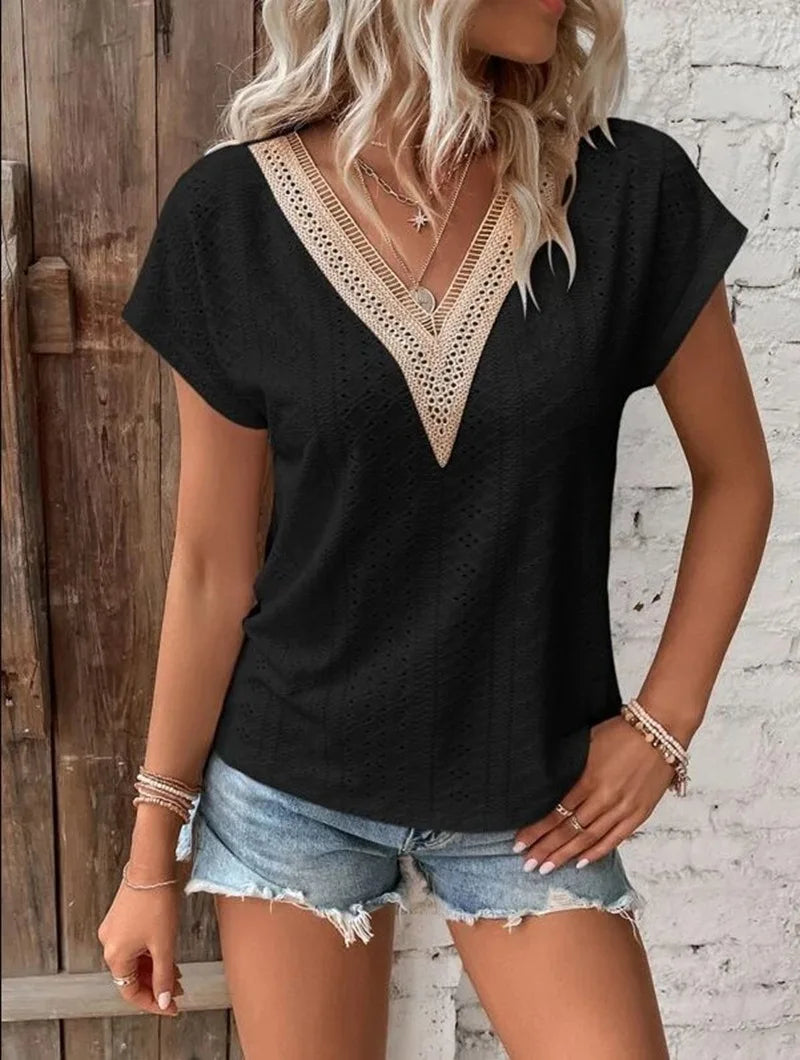 Top Donna Manica a Pipistrello Scollo V con Pizzo – Stile Y2K Casual Chic | 12 Colori | S-XXXL