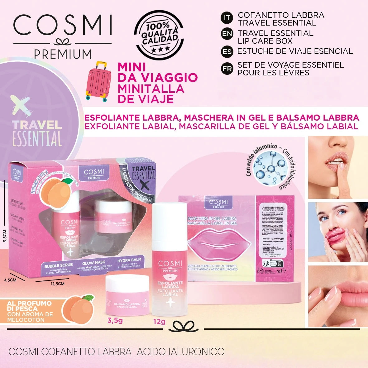 Cosmi Cofanetto Labbra all'Acido Ialuronico – Kit Esfoliante, Maschera & Balsamo