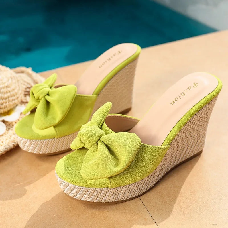 Sandali con Zeppa da Donna con Fiocco e Tacco a Piattaforma, Ciabatte Estive Comode per Spiaggia, Feste, Stile Casual e Uso Quotidiano